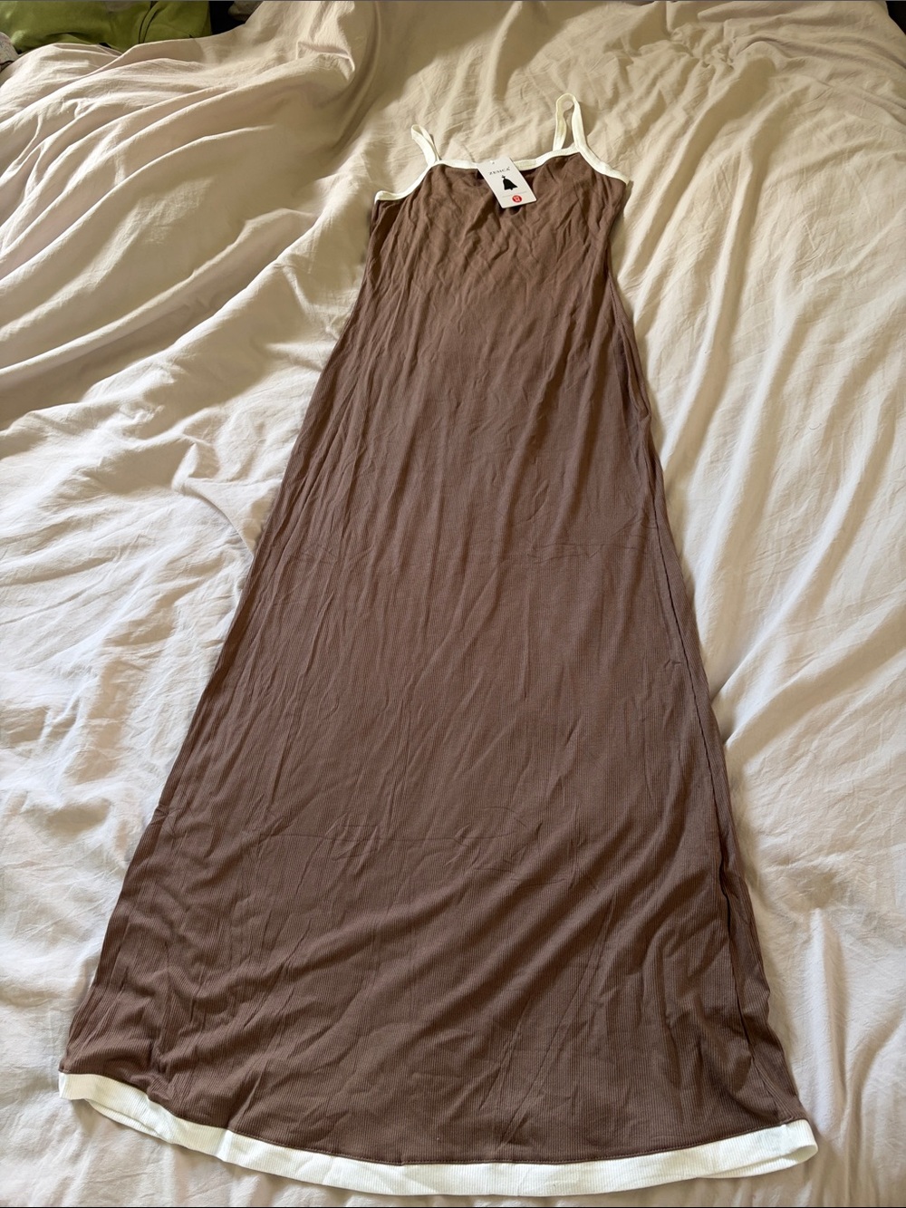 Brown Maxi Slip Dress with White Trim - Sleek Everyday Style